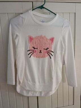 Girls White Long-Sleeve Top with Pink Sequin Cat